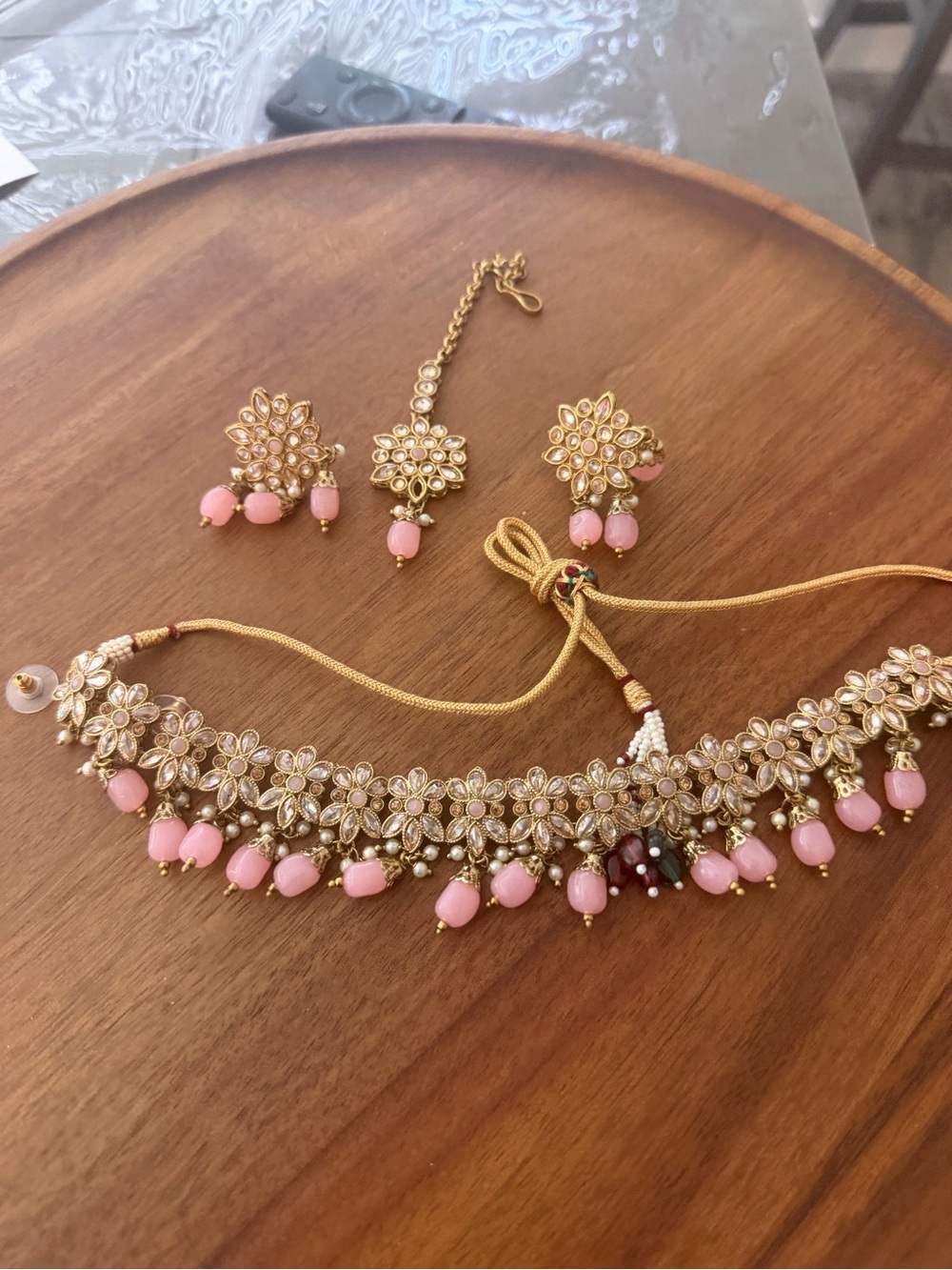 Gold-tone Kundan Floral Choker Necklace with Pink Bead Drops